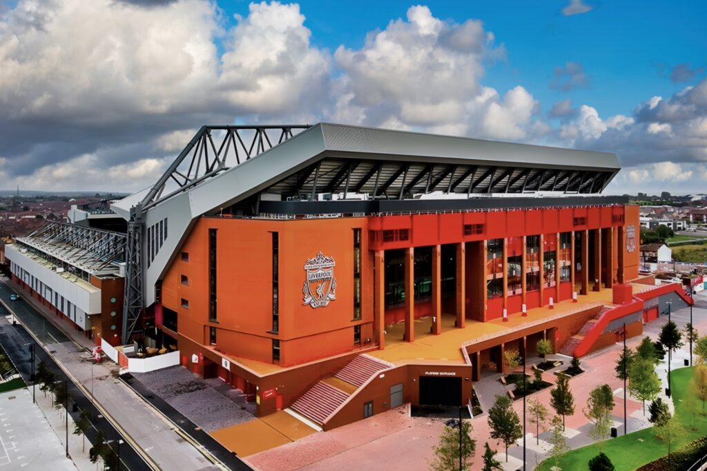 Anfield Stadium Tour - Aerial View Anfield Stadium, home of Liverpool Football Club, on a sunny day.