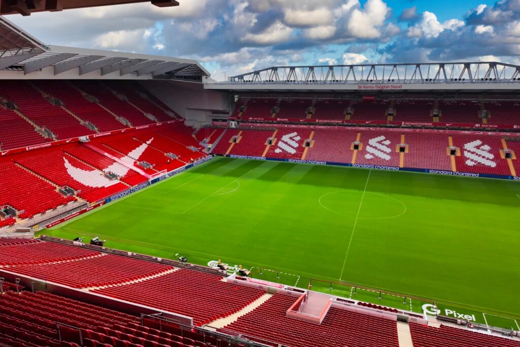 Anfield Stadium Tour - Main Stand View A panoramic view of the empty Anfield stadium.