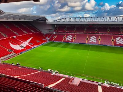 A panoramic view of the empty Anfield stadium.