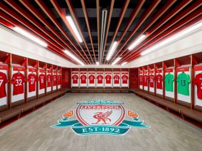 The Liverpool FC home dressing room at Anfield Stadium.