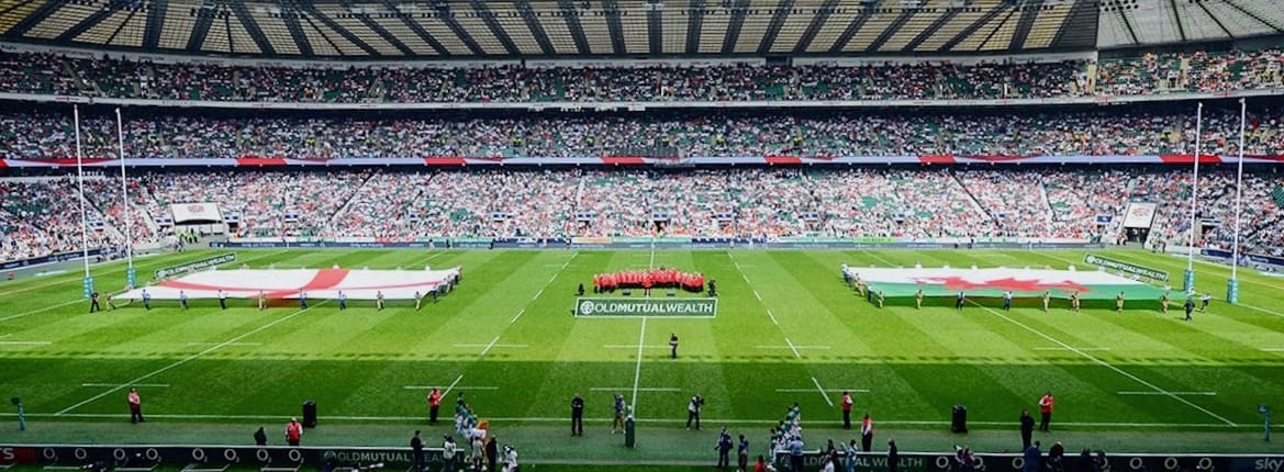 A high view of the pitch at Twickenham rugby stadium, home of English Internatio