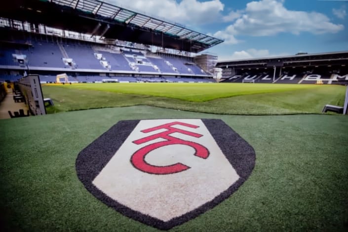 Fulham FC Pitch View with Club Crest at Craven Cottage